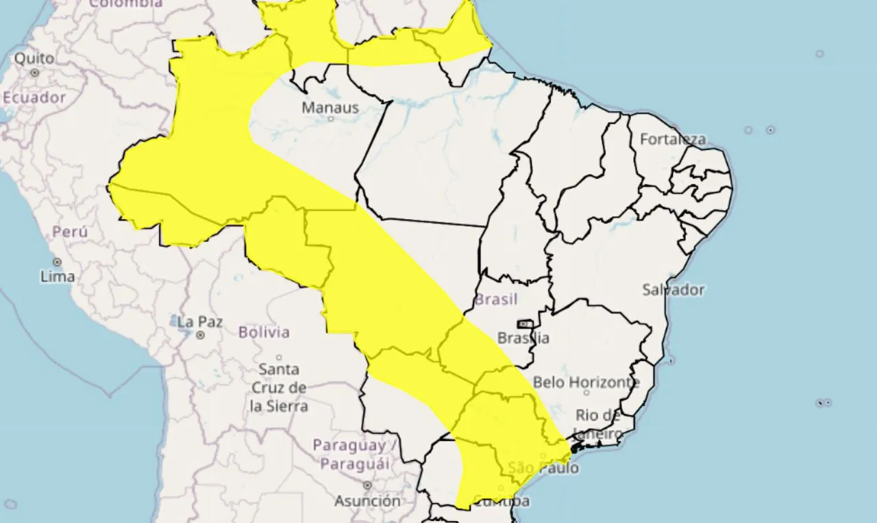 O mapa mostra as áreas em alerta para chuva intensa e ventos